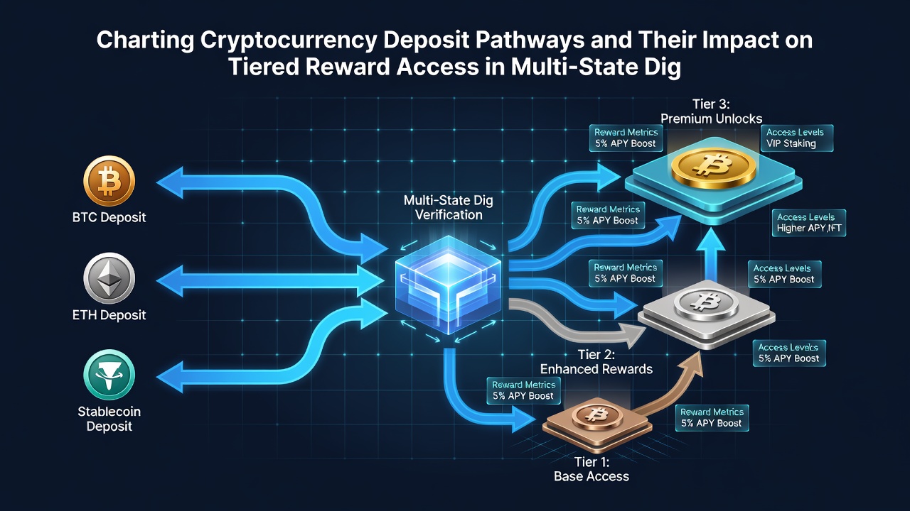Multi-state digital gambling network diagram showing tiered reward access influenced by cryptocurrency deposit confirmations and regulatory variations