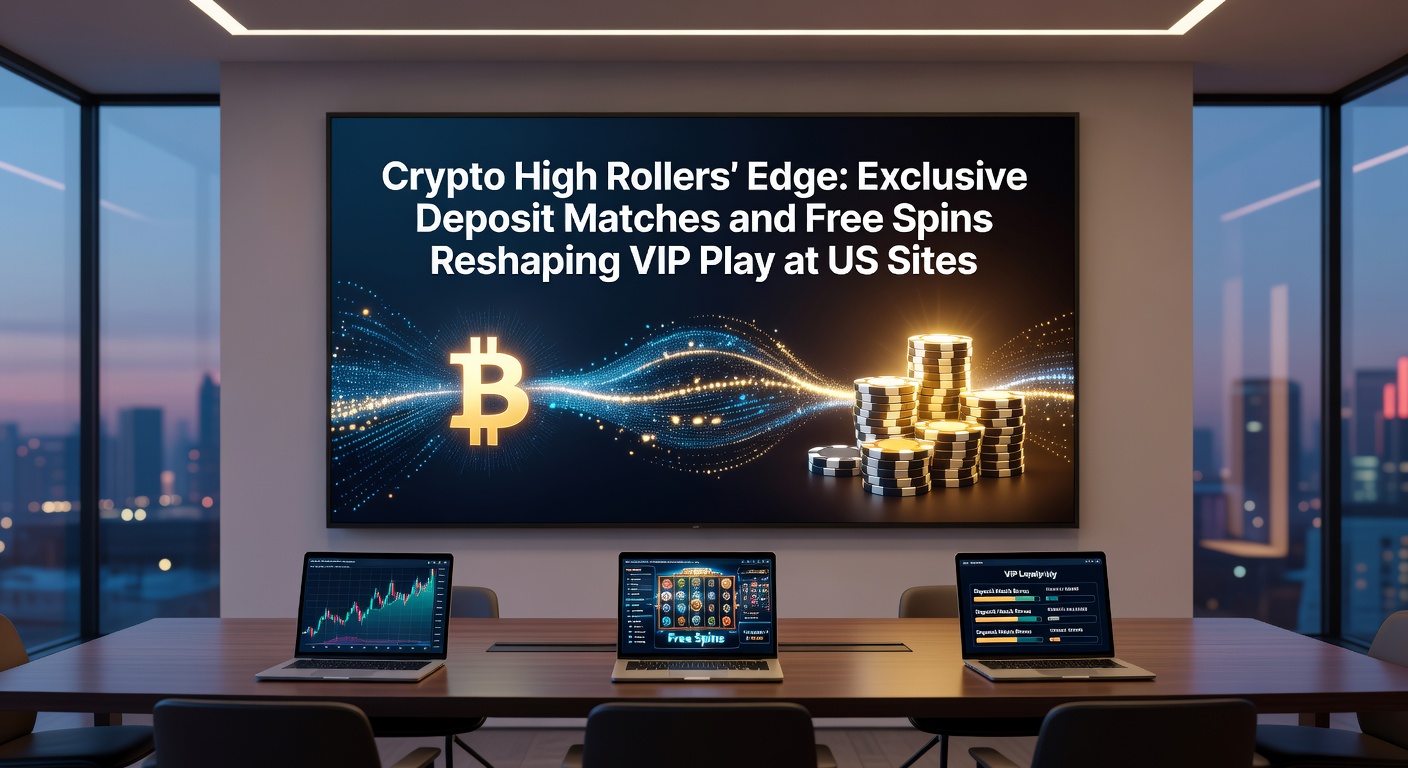 Vibrant slot machine reels with free spin counters and crypto wallet icons highlighting VIP rewards on a US casino app