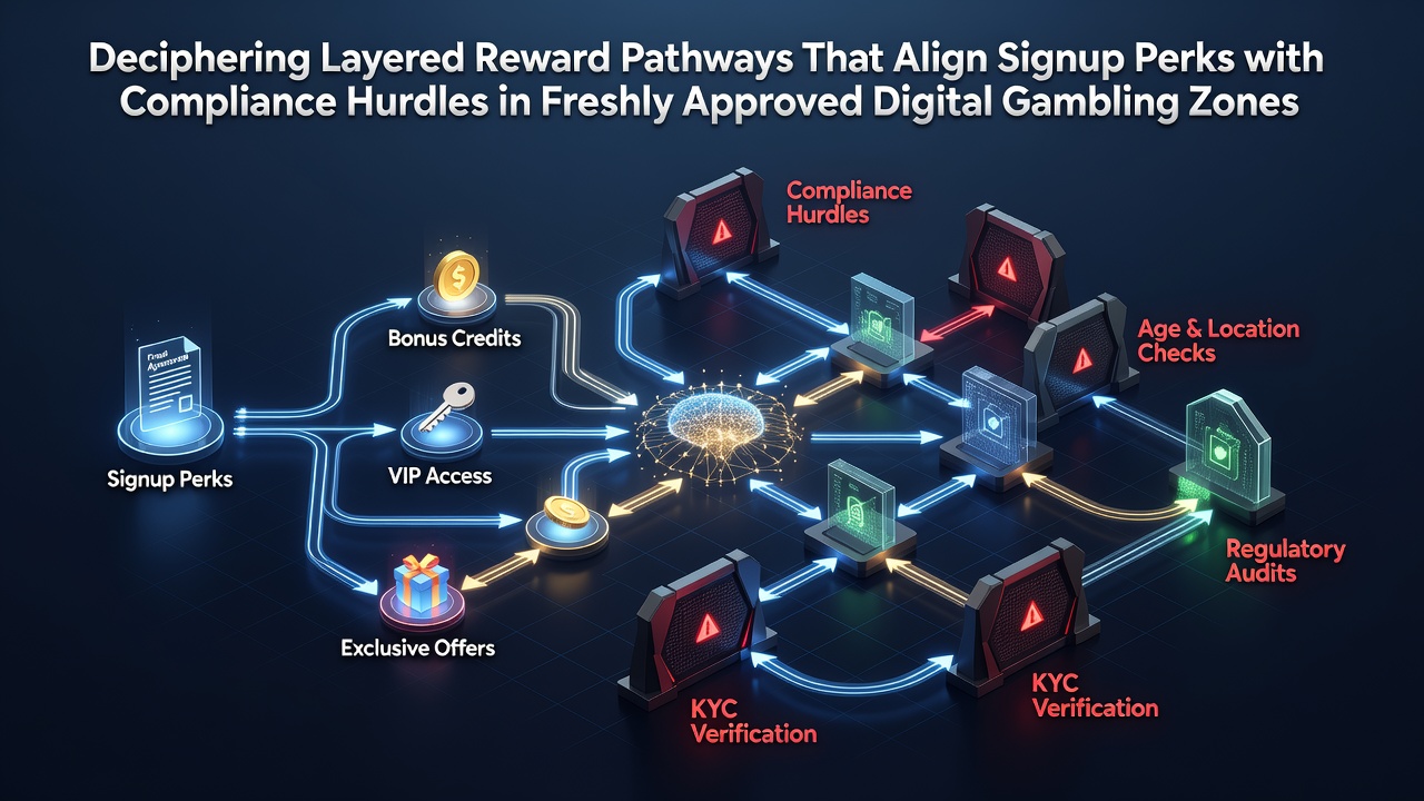 Diagram showing layered signup bonus structures and compliance verification steps in new digital gambling platforms
