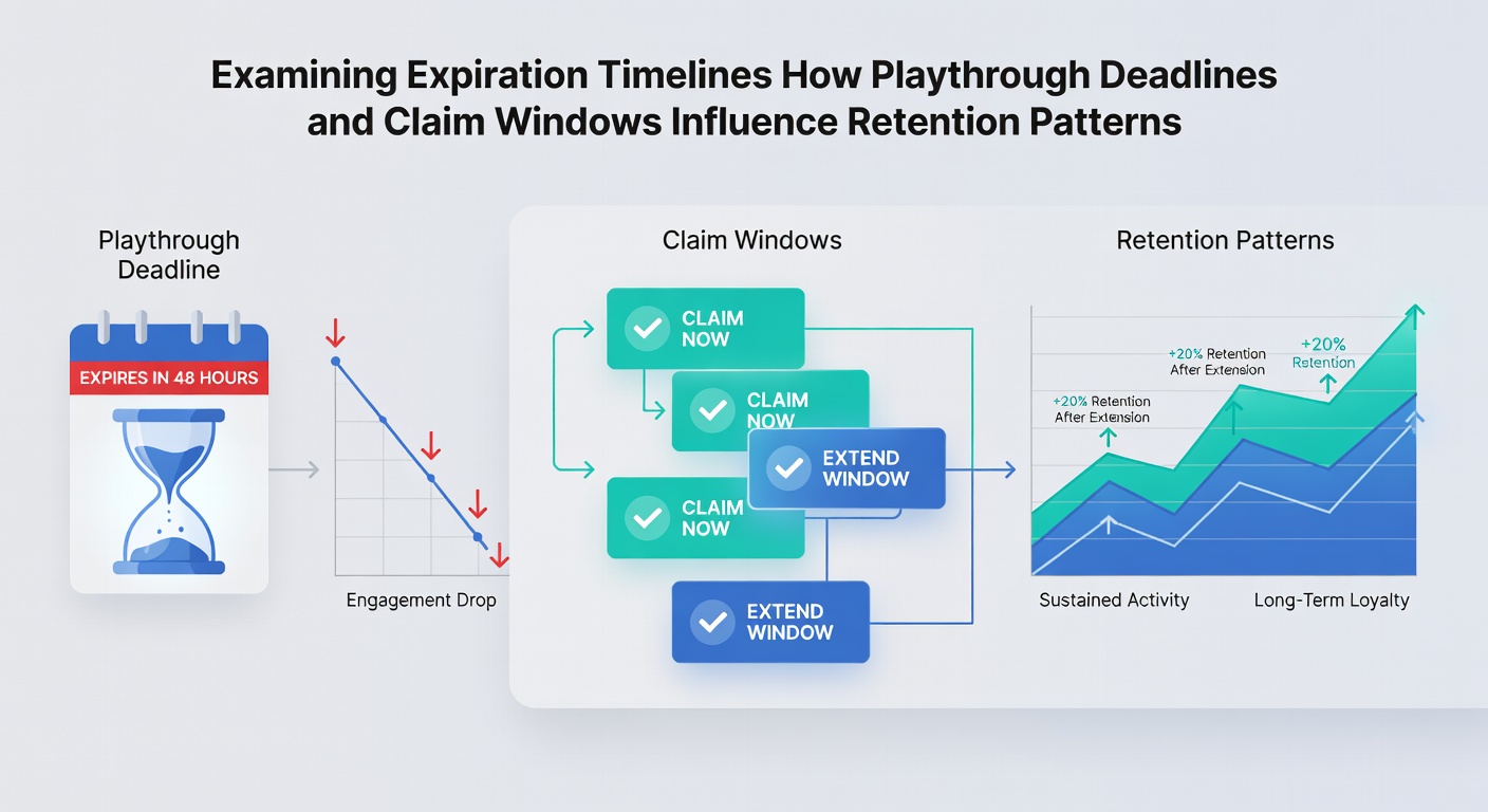Infographic illustrating claim window statistics and retention curves across approved online gambling sites