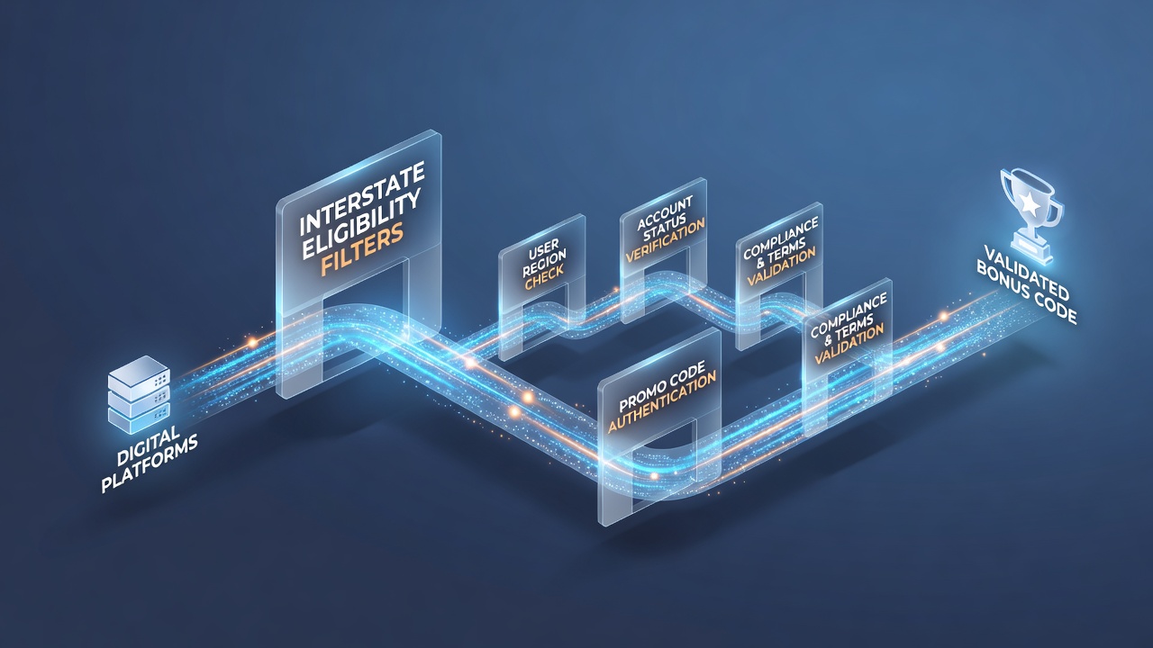 Flowchart illustrating interstate eligibility filters and bonus code routing in digital gambling systems
