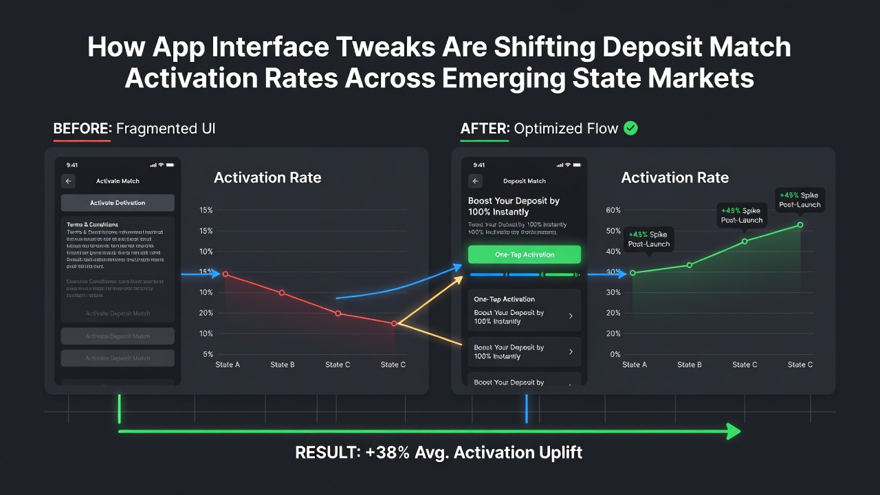 Analytics dashboard illustrating deposit match activation rate changes in state-regulated gambling apps