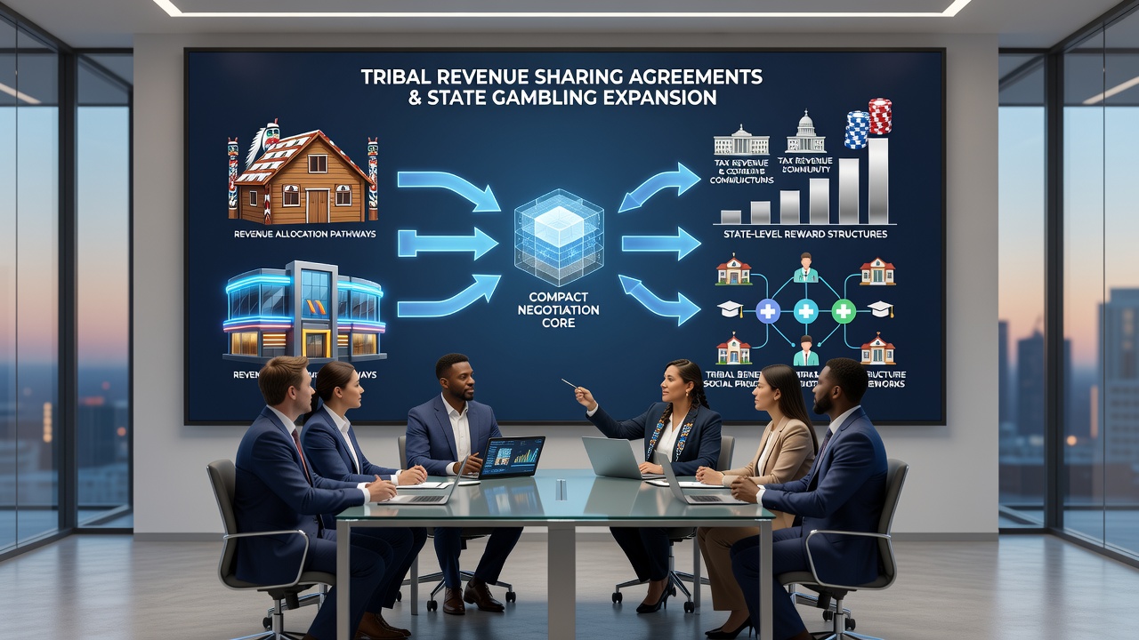 Regulatory documents and financial charts illustrating compact payment flows and reward allocation models