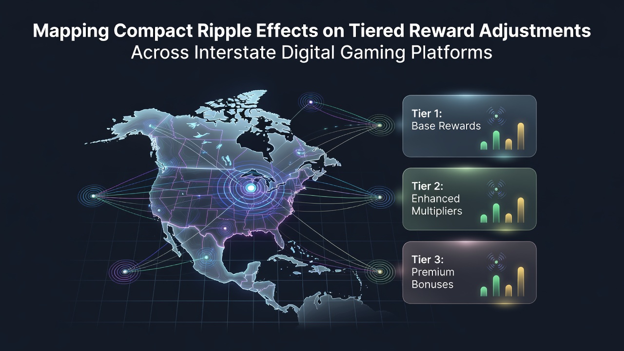 Interstate digital gaming platforms showing connected state networks and reward tier adjustments