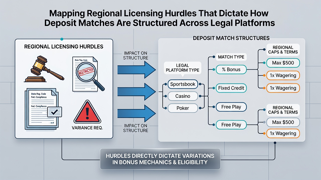 Detailed charts showing how licensing rules influence deposit match percentages and wagering requirements by region