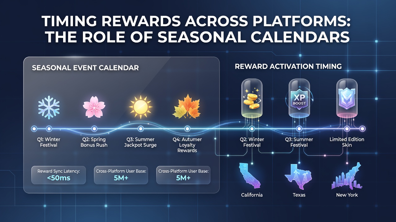 Digital gaming interface displaying seasonal event calendar with reward activation timelines for multi-state platforms