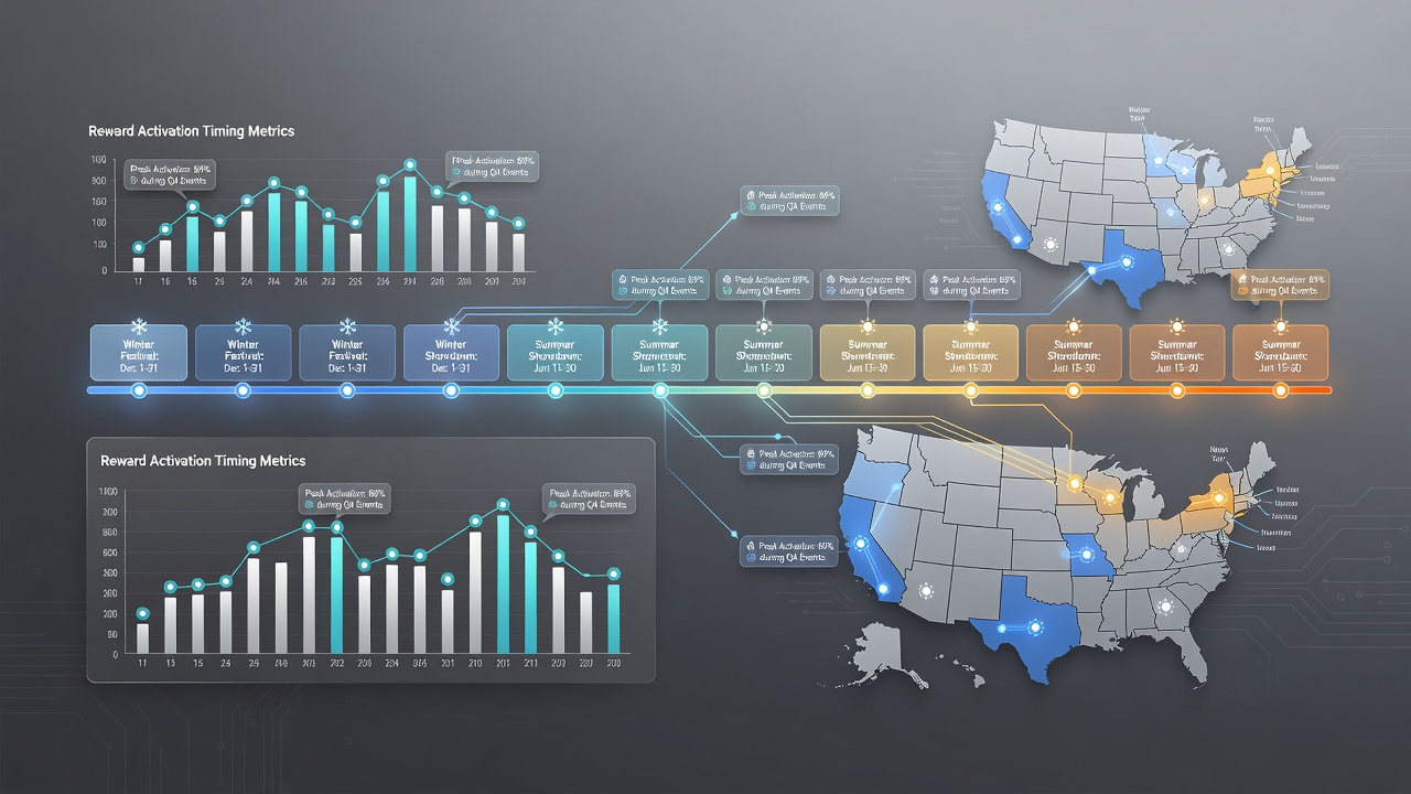 Multi-state digital gaming dashboard showing synchronized seasonal reward activations and calendar overlays